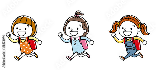 走って通学する女の子たち：セット