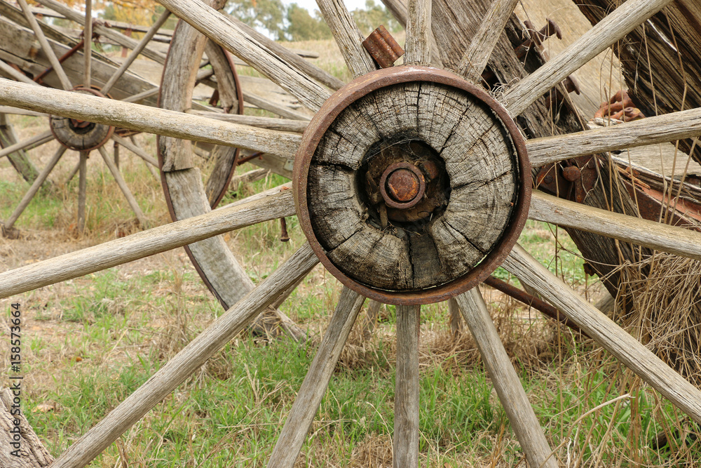 aged wooden wagon wheel centre hub and spokes