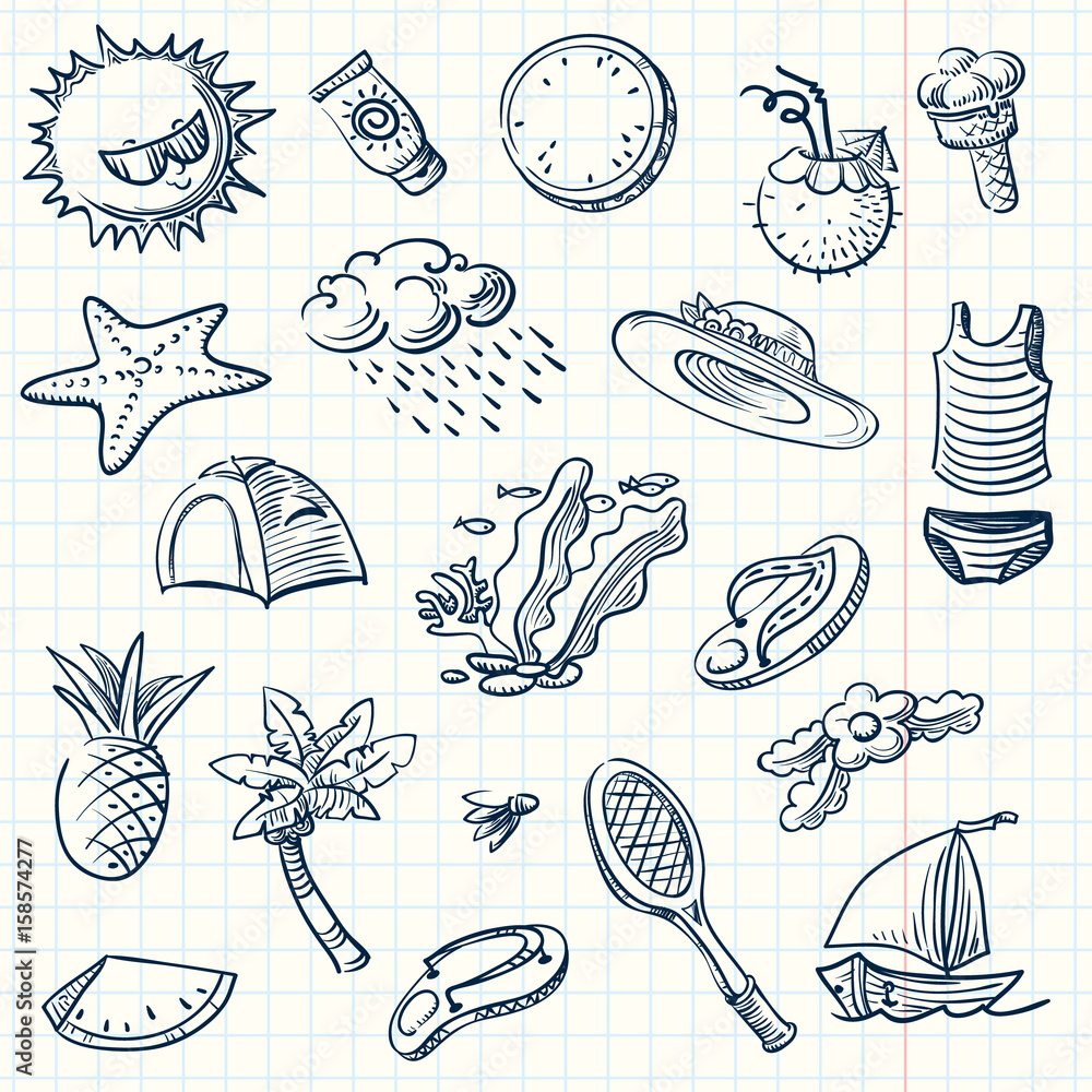 Summer icon set sketch style. Doodle objects badminton, palm tree, flip flops, sun cream, ice cream, watermelon, cocktails on background like a piece of notebook. Beach vacation vector illustration. 