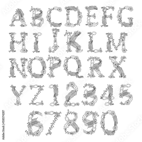 alphabet collection. Tropical floral summer pattern hand drawn ornamental font set with palm beach leaves, flower. Retro palm letters set. Cute and trendy summer colors
