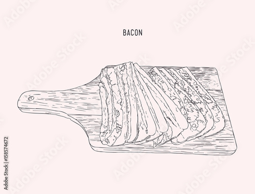 bacon sliced on wood tray, sketch vector.