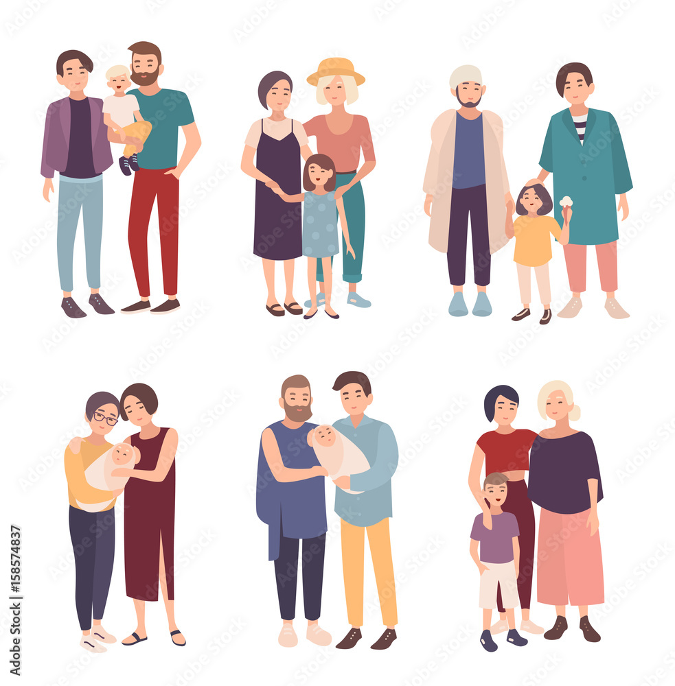 Set of gay couple with children of different ages. LGBT male and female with babies. Homosexual family collection. Colorful vector illustration in cartoon style.