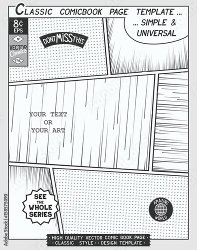 Free space Comic book page template. Comics layout and action with speed lines,
 halftone background and other elements.