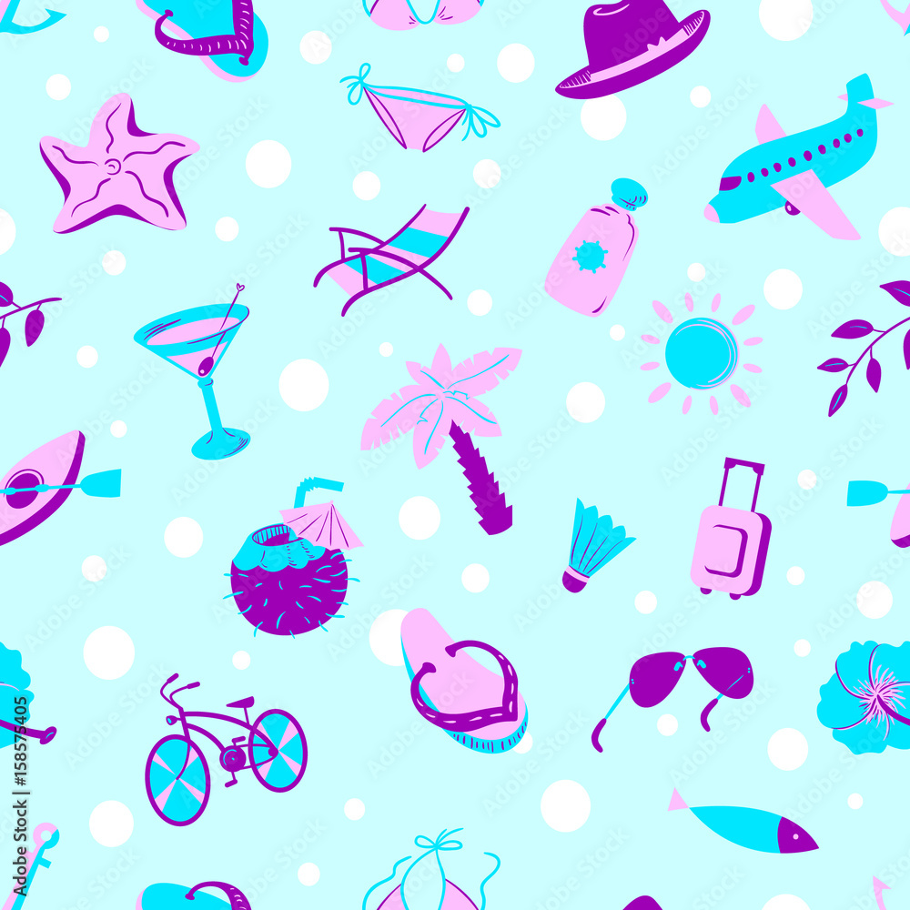 Background with summer and beach objects. Beach vacation vector illustration.