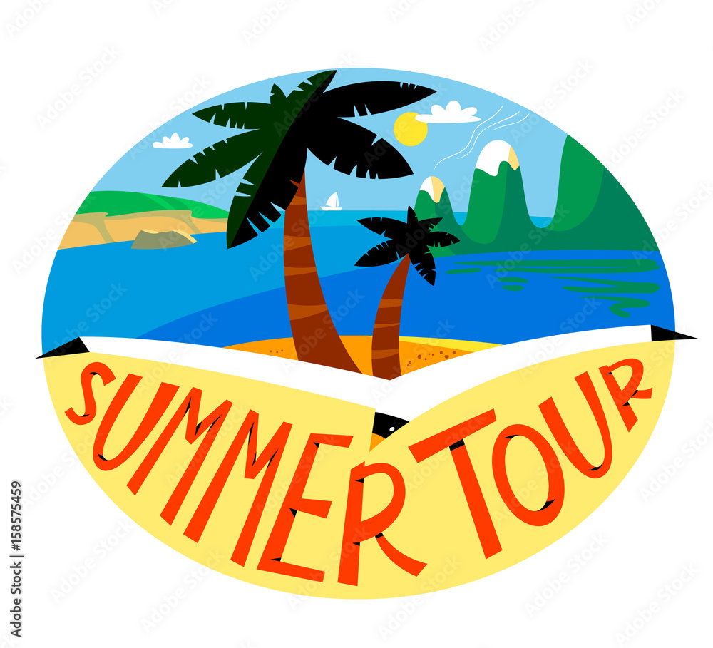 Summer beach vector background. Tropical landscape with ocean, mountains and palms. Round sticker. Summer tour lettering. Design for summer holidays and vacations.