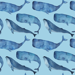 Fototapete Maritime Tiermuster Aquarell Wale auf Blauem Hintergrund  © natikka