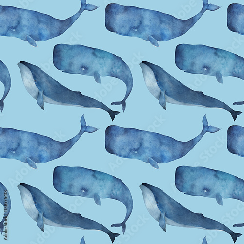 Watercolor seamless pattern with whale on blue background