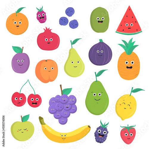 Set of cute fruits and berries with smiles. Bright vegetarian food collection...