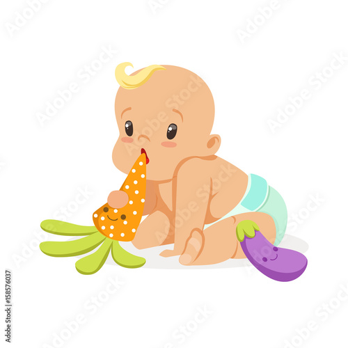 Adorable baby in a diaper sitting and playing with teether toys, colorful cartoon character vector Illustration