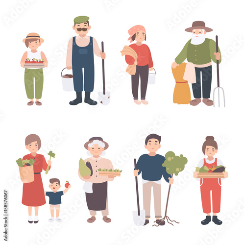 Set of village people. Different young, adult, old farmers and kids. Happy man and woman with seedlings, crops, tools. Colorful vector illustration in cartoon style.