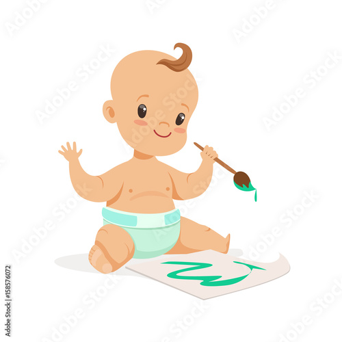 Happy baby in a diaper painting with paintbrush and colorful paints, cartoon character vector Illustration