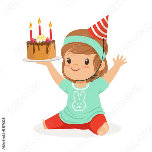 Smiling baby girl wearing a red party hat sitting and holding birthday cake with three candles. Childrens birthday party colorful cartoon character vector Illustration