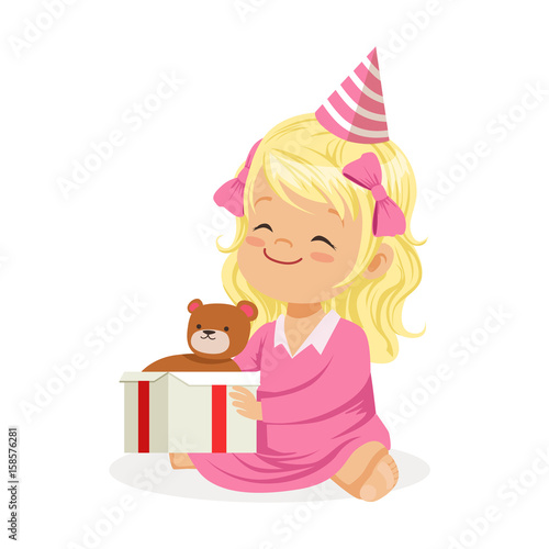 Cute smiling baby girl wearing a pink party hat sitting with gift box. Kids birthday party colorful cartoon character vector Illustratio
