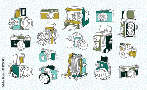 Set of different photo cameras. Hand drawn colorful collection in doodle style.