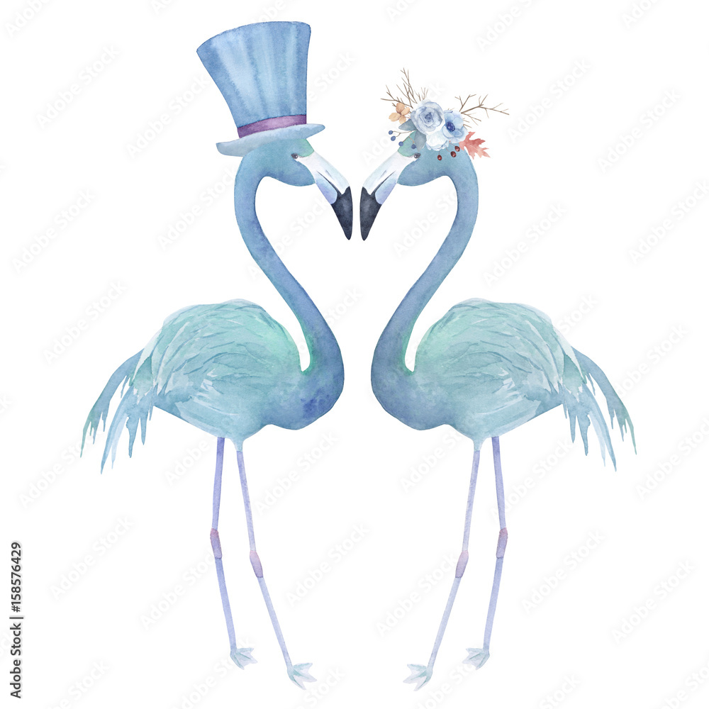 Fototapeta premium Two watercolor flamingo. Hand drawn illustration for wedding, invitation, greeting card