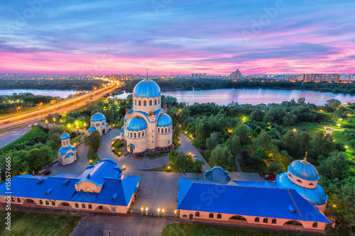 Aerial view on church of Life-Giving Trinity on Borisov Ponds in the evening. Orekhovo-Borisovo, Moscow, Russia photo