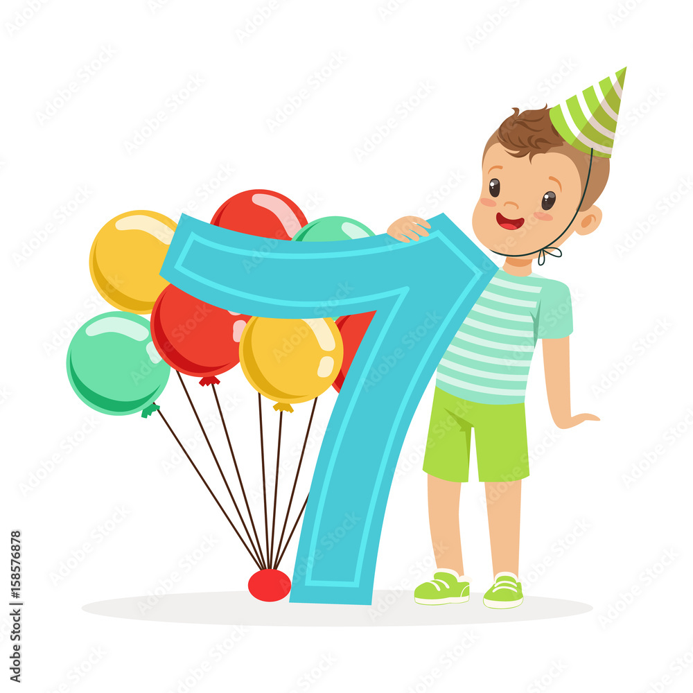 Adorable seven year old boy celebrating his birthday, colorful cartoon character vector Illustration Stock Vector | Adobe Stock Adorable seven year old boy celebrating his birthday, colorful cartoon character vector Illustration Stock Vector | Adobe Stock