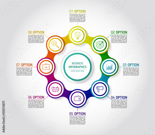 Circle colorful chain diagram infographics for presentations. Infographics background template with 8 options. Metaball circular elements with icons and text blocks