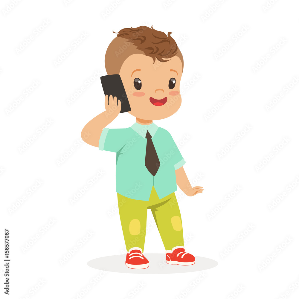 Cute little boy standing and talking on mobile phone. Child and modern  technology colorful cartoon character vector Illustration Stock Vector |  Adobe Stock