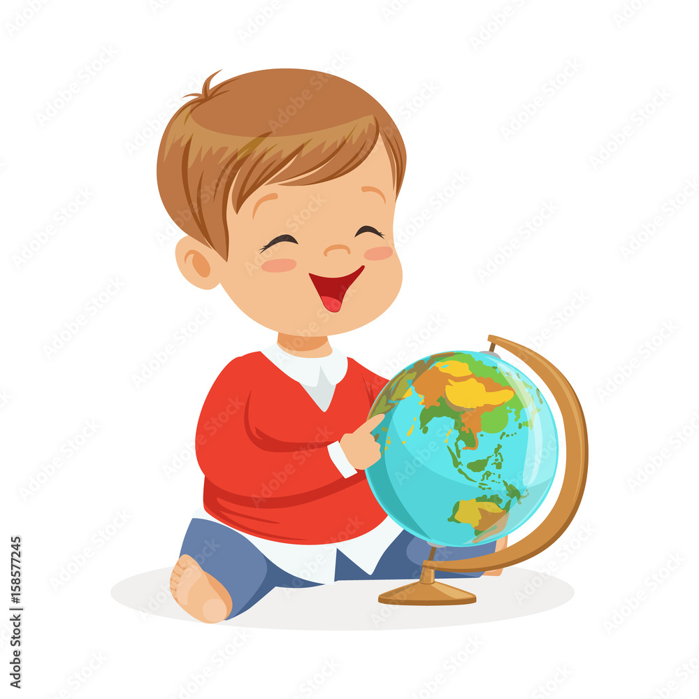 Smiling little boy sitting and playing with globe. Child learning the world colorful cartoon character vector Illustration Smiling little boy sitting and playing with globe. Child learning the world colorful cartoon character vector Illustration