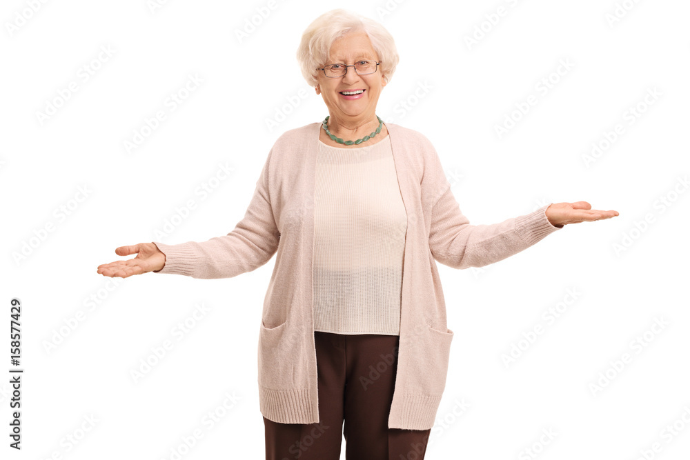Cheerful elderly woman gesturing with her hands Cheerful elderly woman gesturing with her hands