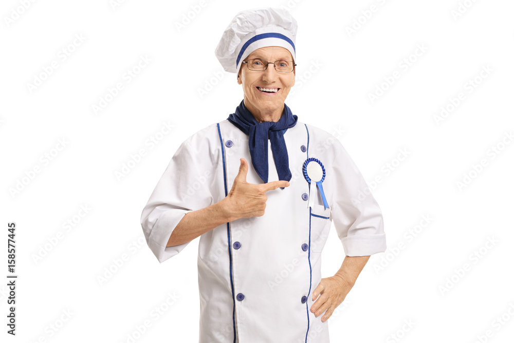 Happy chef with an award ribbon pointing Happy chef with an award ribbon pointing