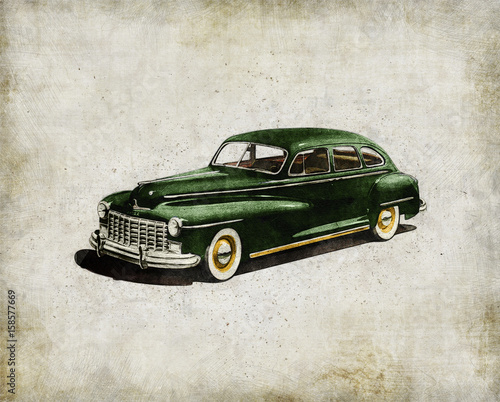 Retro car - American classics. Green antique automobile over hatched background. photo