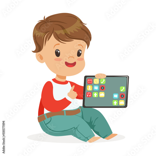 Smiling little boy sitting on the floor and playing with digital tablet. Child and modern technology colorful cartoon character vector Illustration
