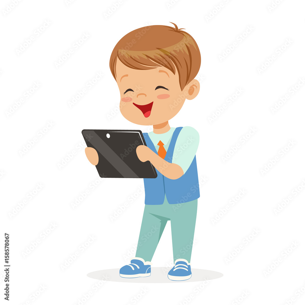 Happy little boy sitting and playing with digital tablet. Child and modern technology colorful cartoon character vector Illustration Happy little boy sitting and playing with digital tablet. Child and modern technology colorful cartoon character vector Illustration