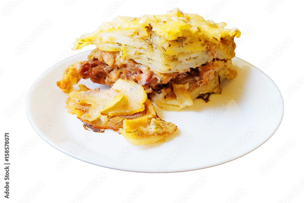 potato casserole with Turkey meat in a white plate.isolated on white. potato casserole with Turkey meat in a white plate.isolated on white.