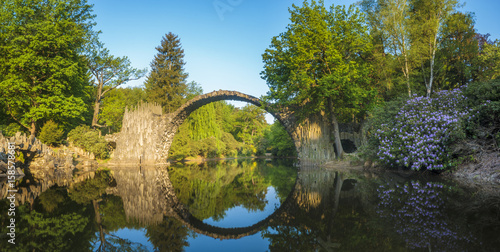 Fototapeta Naklejka Na Ścianę i Meble -  Devil's bridge in the park Kromlau, Germany,Flowering rhododendrons