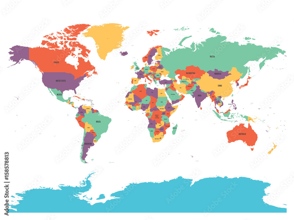 Political map of world with Antarctica. Countries in four different colors without borders on white background. Black labels of states and significant dependent territories names. High detail vector