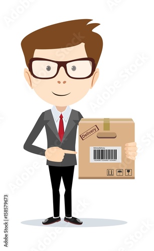 Smiling modern business man pointing to a large cardboard box. Stock Vector illustration of a cartoon