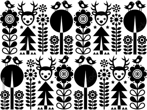 Scandinavian folk art pattern with flowers and animals, Finnish inspired design in black and white
