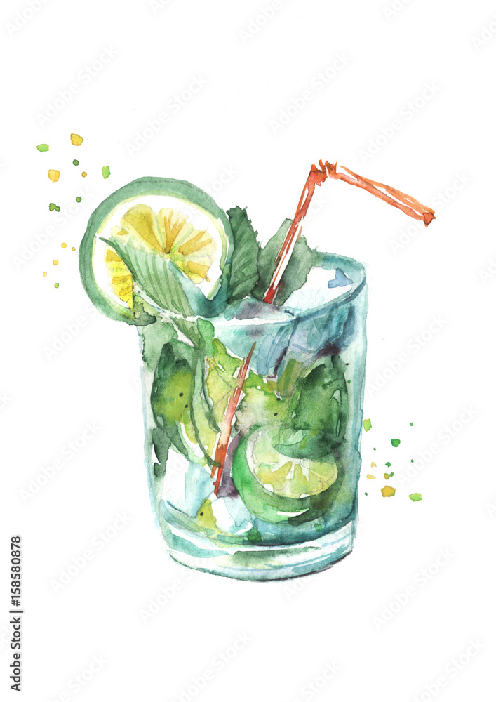 Watercolor drawing - cocktail of fruits, circe, lemon slice, lime, mint ...