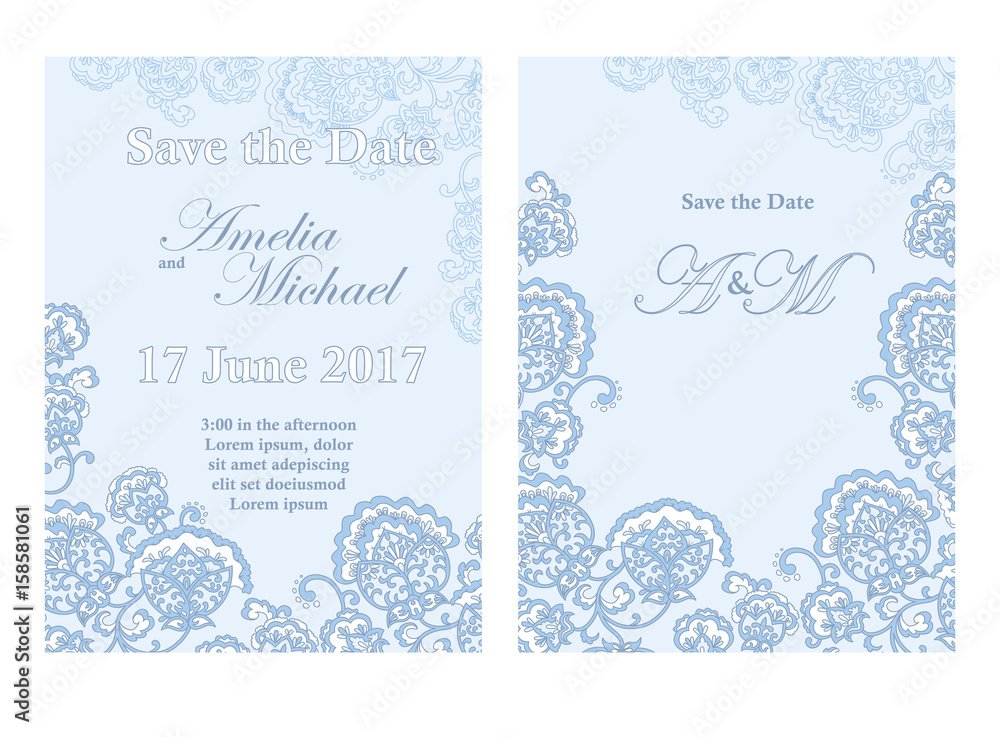 Save the date card template in light blue colors. Flyer decorated with ornamental flower. Greeting card with floral pattern. Vertical Background. Vector illustrator. Stock vector. Save the date card template in light blue colors. Flyer decorated with ornamental flower. Greeting card with floral pattern. Vertical Background. Vector illustrator. Stock vector.