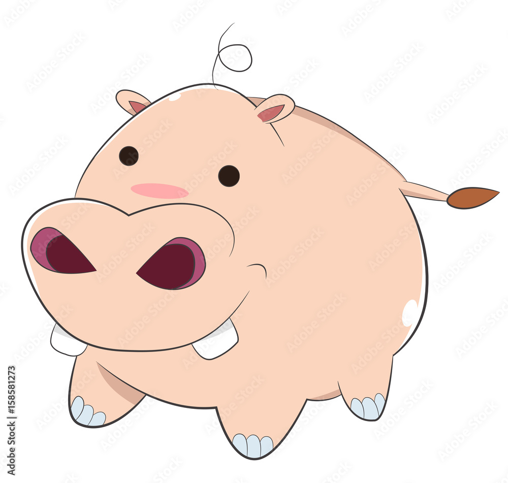 Fototapeta premium Happy Cartoon Baby Hippo. A Pink Cartoon Baby Hippopotamus with small circle black eyes, big nose and nostrils, fat round body and white, shiny front teeth, smiling and looking cute.