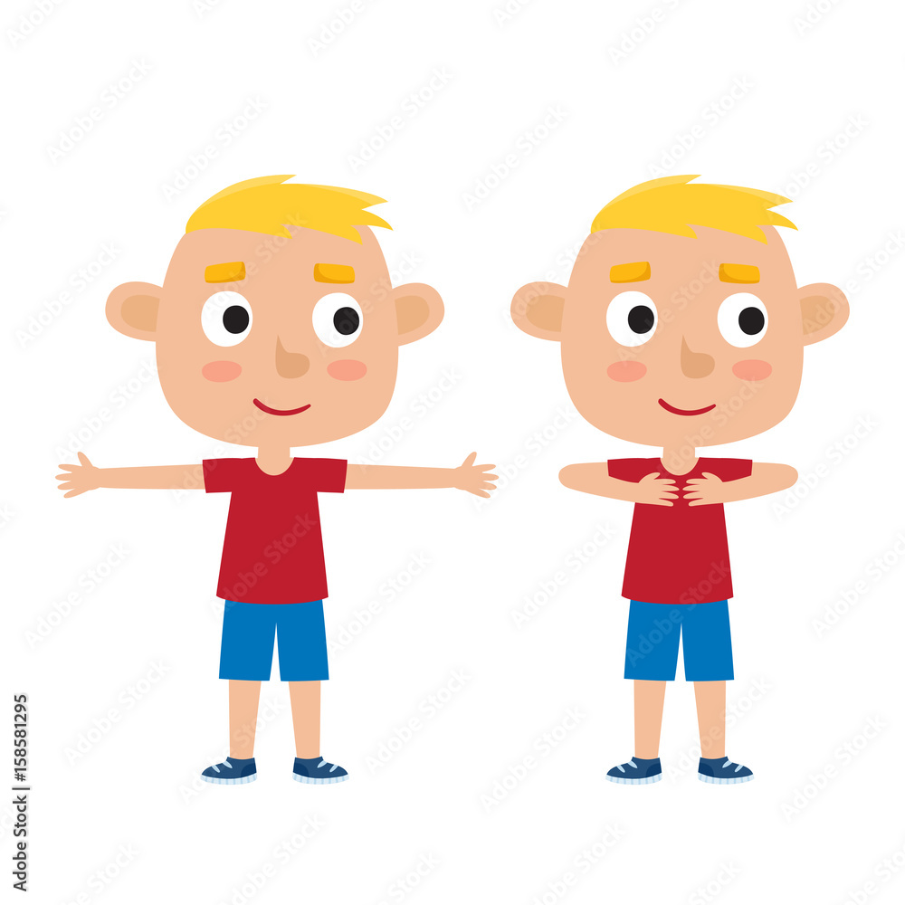 Vector illustration of blonde boy in exercise pose isolated on w