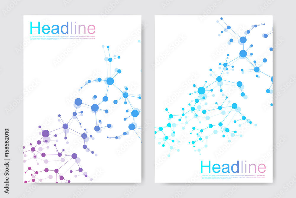 Scientific brochure design template. Vector flyer layout, Molecular structure with connected lines and dots. Scientific pattern atom DNA with elements for magazine, leaflet, cover, poster design. Scientific brochure design template. Vector flyer layout, Molecular structure with connected lines and dots. Scientific pattern atom DNA with elements for magazine, leaflet, cover, poster design.
