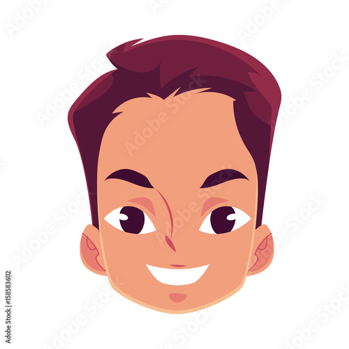 Young man face, smiling facial expression, cartoon vector illustrations isolated on white background. Handsome boy emoji with wide smile, white teeth. Happy, glad, smiling face expression
