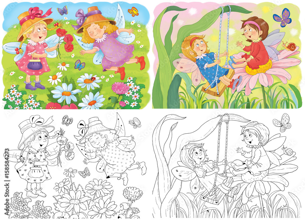 Cute fairies. Fairy tale. Coloring book. Coloring page. Illustration for children. Funny cartoon characters