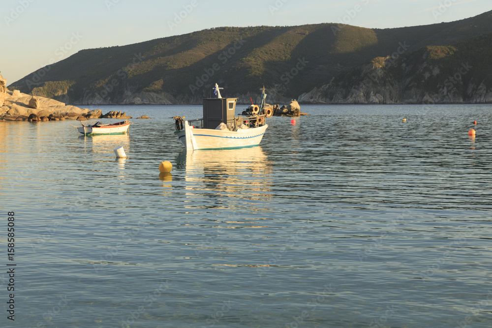 Φωτογραφία Traditional Greek fishing boats in the natural bay, Colorful boats in Aegean sea