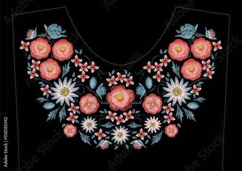 Satin stitch embroidery design with flowers. Folk line floral trendy pattern for dress neckline. Ethnic colorful fashion ornament for neck on black background.