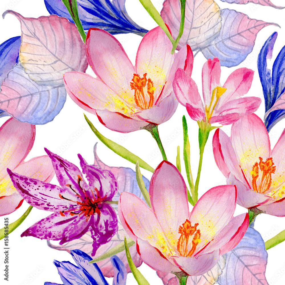 Wildflower crocuses flower pattern in a watercolor style isolated. Wildflower crocuses flower pattern in a watercolor style isolated.