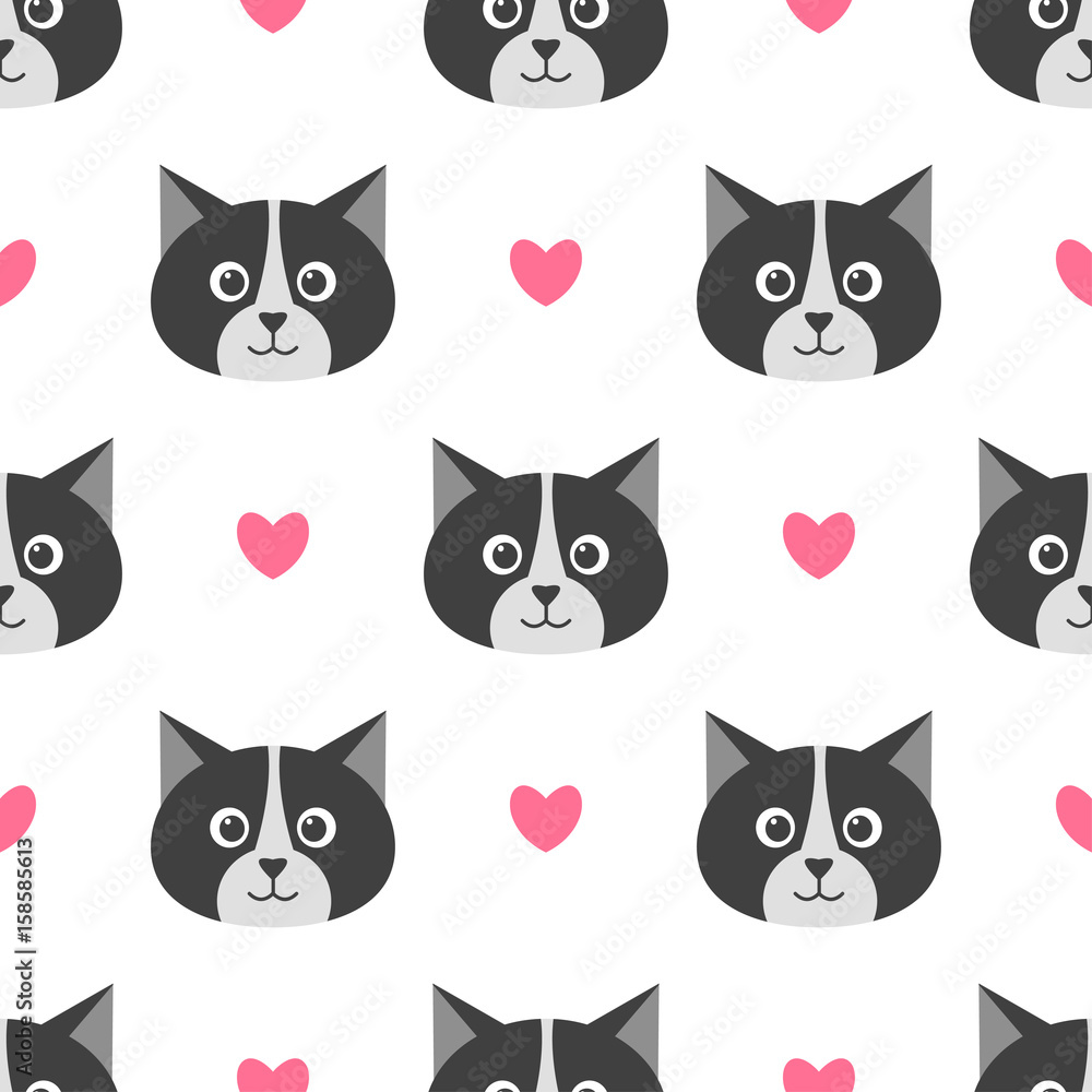 seamless pattern with cute cats and hearts