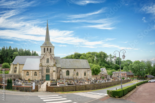 Church and priory of St Hymer, scenic landscape of the french countryside of Normandy, France