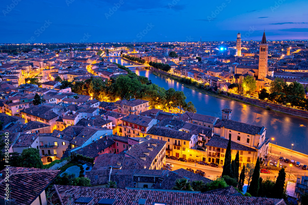 City of Verona and Adige river evening aerial view