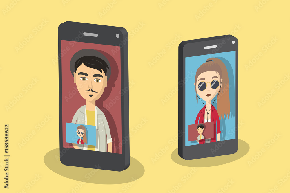 Man and woman having a video call. Flat vector illustration. Man and woman having a video call. Flat vector illustration.