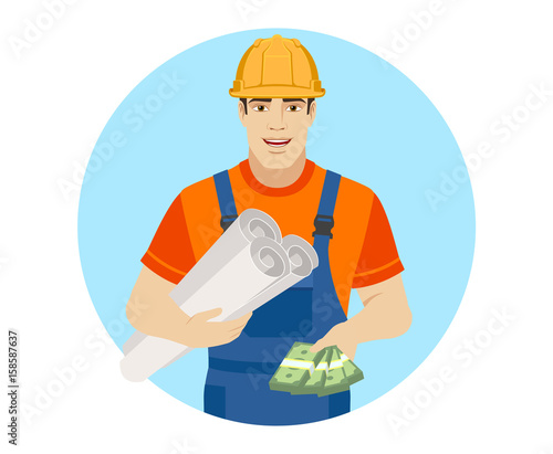 Builder holding the project plans and showing cash money