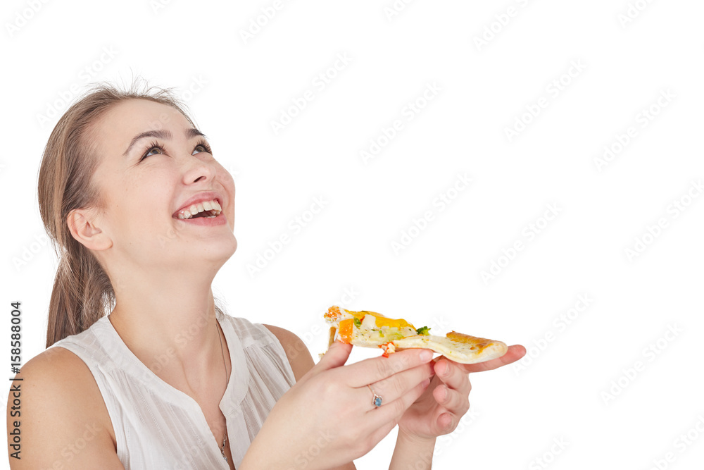 happy woman with pizza on white background with copyspace